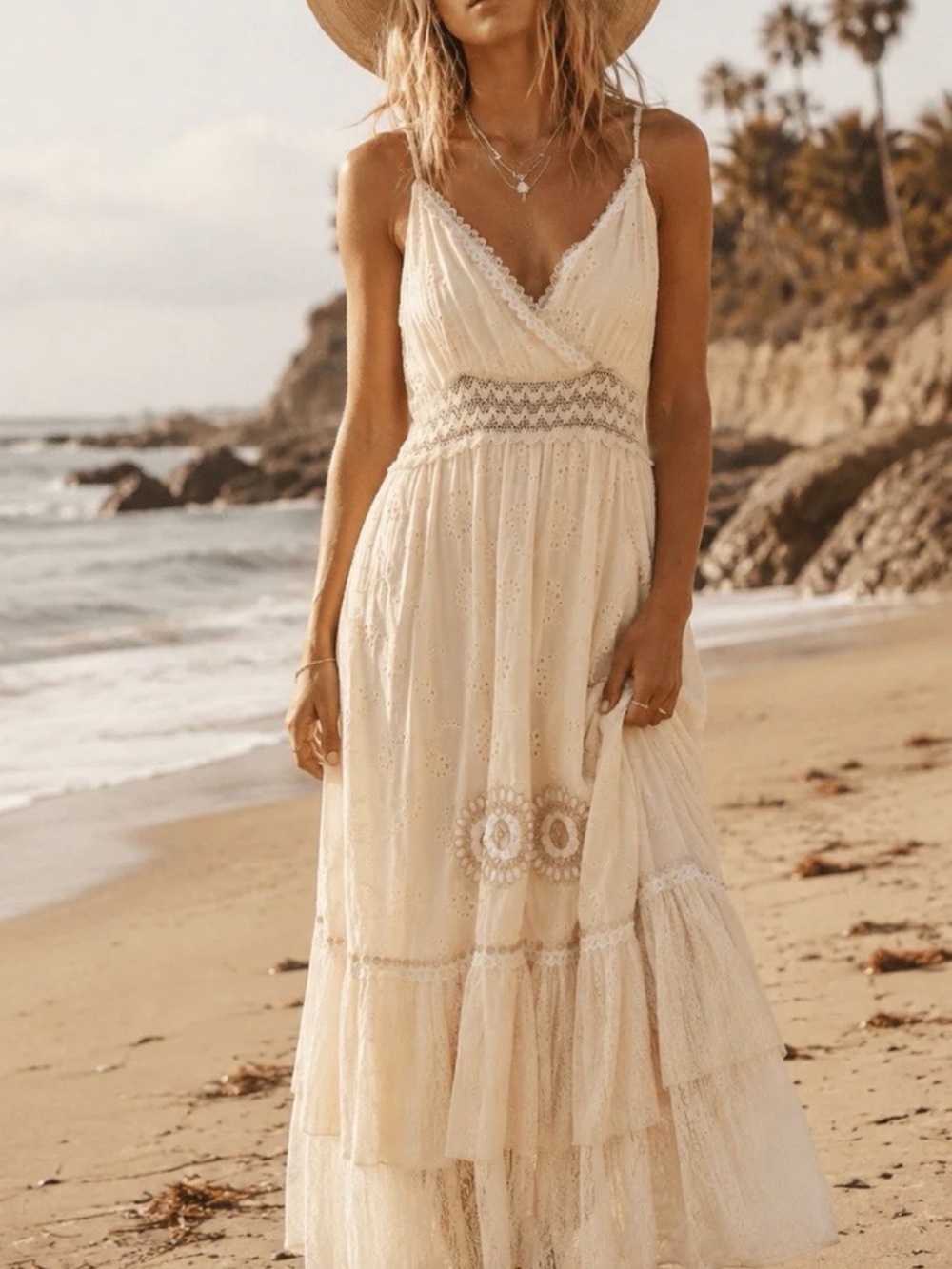 Boho Cream Lace Maxi Dress with Smocked Waist